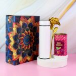 Effete Rose Almonds Gift Hamper, Golden Rose With Bottle (3 Pc Set), Mix Color - Closeup Embroidery by Nari Haat, Ind...
