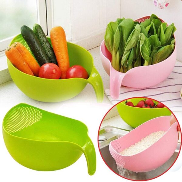 Set of 3 plastic rice bowls and food strainers with handles