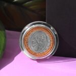 Premium Gold & Silver Dual-Tone Religious Coin with Lakshmi Ganesh Design - Neckline Detail by Nari Haat, Indian ethn...