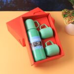 Green Vacuum Flask Set – Stainless Steel Thermos with 3 Cups, Approx 500ml - Back View by Nari Haat, Indian ethnic ...