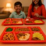 Plastic Multi-Compartment Rectangular Meal Serving Tray / Plate (1 Pc / Red) - Closeup Embroidery by Nari Haat, India...