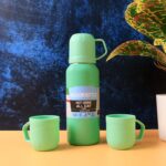 Green Vacuum Flask Set – Stainless Steel Thermos with 3 Cups, Approx 500ml - Neckline Detail by Nari Haat, Indian e...