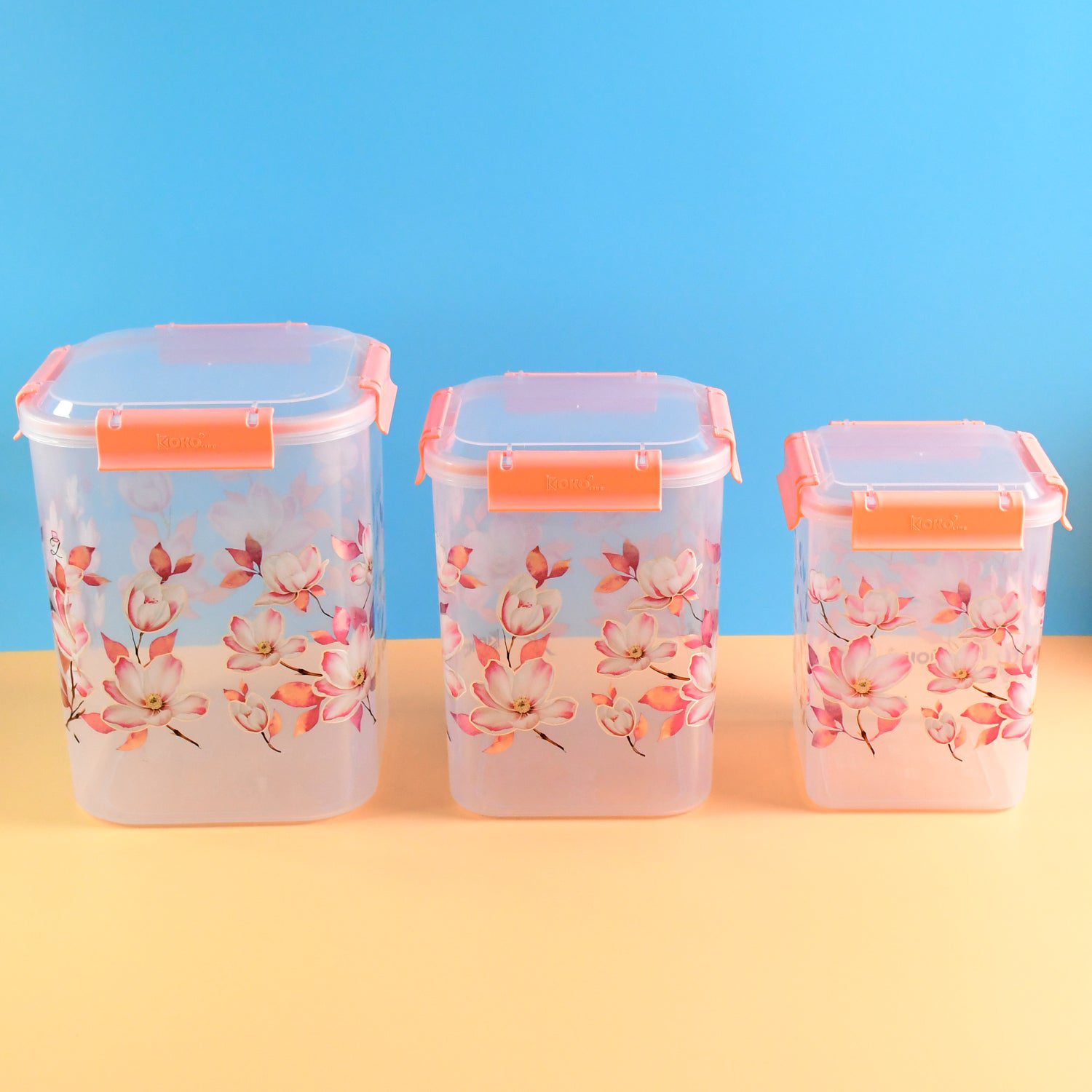 04_9f3a7f04-4759-4261-a8f9-9f771d8a178c.jpg Square 3 Pcs Floral Printed Airtight Storage Container Set (3 Pcs Set) - Front View by Nari Haat, Indian ethnic wear,...