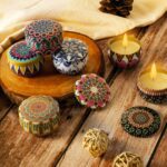 Premium Decorative Mandala Printed Metal Candle Container (4 Pc) - Neckline Detail by Nari Haat, Indian ethnic wear, ...