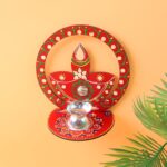 Handcrafted Wooden Decorative Diya Stand (1 Pc) - Fabric Detail by Nari Haat, Indian ethnic wear, women clothing, des...
