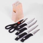 Kitchen Knife Set with Wooden Block and Scissors, Chhari (5 pcs, Black) - Full Detail by Nari Haat, Indian ethnic wea...