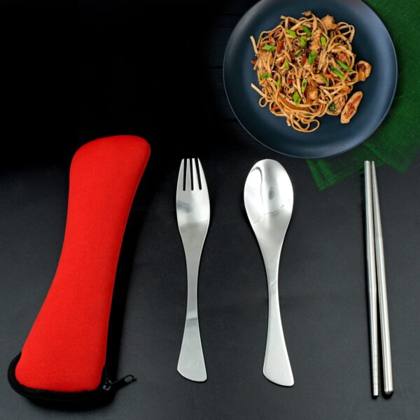 Picnic Dinner Spoon Fork Chopsticks Cutlery Set High Quality Tableware 4 Pc 1 Set - Front View by Nari Haat, Indian e...