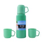 Green Vacuum Flask Set – Stainless Steel Thermos with 3 Cups, Approx 500ml - Sleeve Design by Nari Haat, Indian eth...