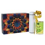 Effete Kesar Pista Almonds Gift Hamper, Golden Rose With Bottle (3 Pc Set) - Sleeve Design by Nari Haat, Indian ethni...