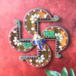 Golden Swastik Shubh Labh Wall Hanging with Ganesh Idol (1 Pc) - Closeup Embroidery by Nari Haat, Indian ethnic wear,...