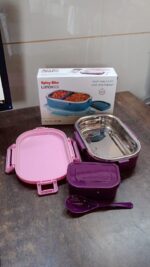 3 in 1 Spicy Bite Stainless Steel Lunch Box With Plastic Small Box & Spoon (1 Set) - Fabric Detail by Nari Haat, Indi...