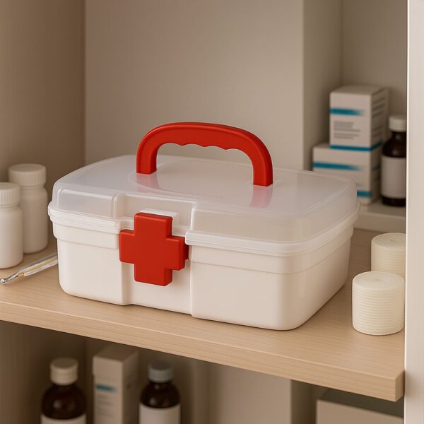 3-Compartment First Aid Box – Portable Medicine Storage with Tray & Clear Lid - Front View by Nari Haat, Indian eth...