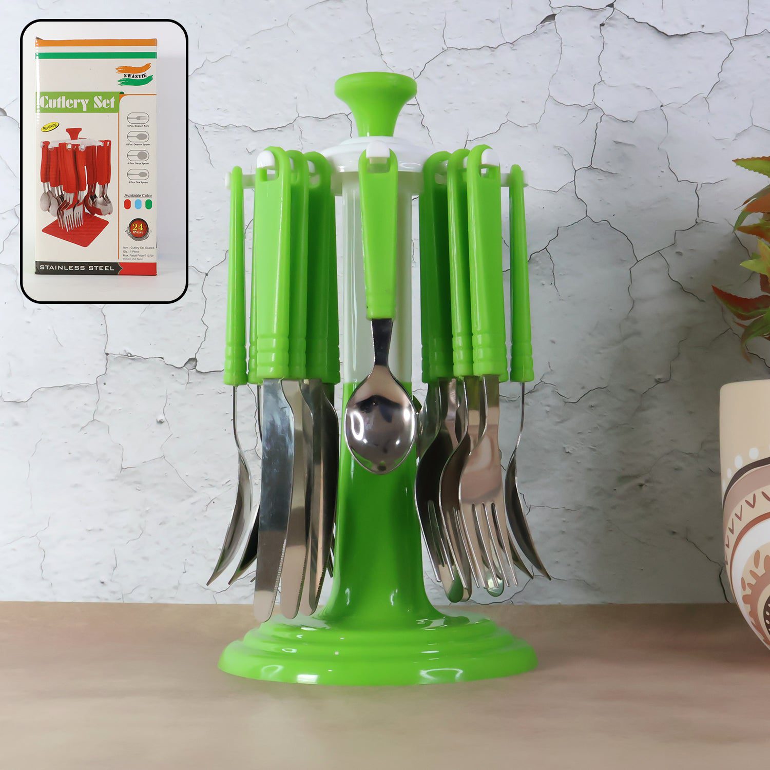 1_19f87af2-16c5-4527-a711-5c6cb032cc1a.jpg Stainless Steel Cutlery Set with Stand - (24 Pc) - Front View by Nari Haat, Indian ethnic wear, women clothing, desig...