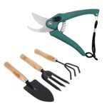 #1 Gardening Tool Set 4 Pcs – Pruner Shears, Hand Cultivator, Trowel & Fork with Wooden Handle for Planting, Weedin...