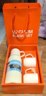 White Vacuum Flask Set – Stainless Steel Thermos with 3 Cups, Approx 500ml - Fabric Detail by Nari Haat, Indian eth...