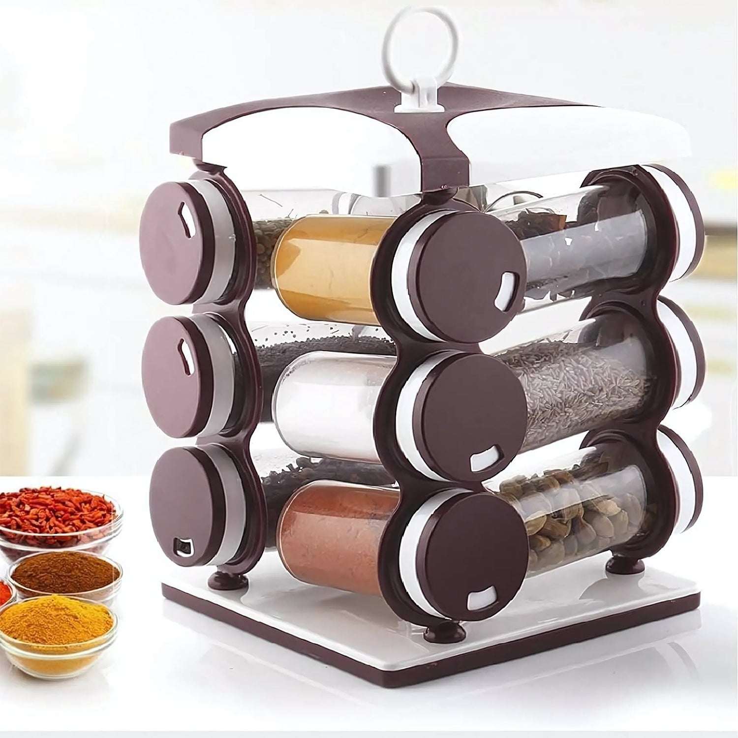 2036_12pcs_spice_rack_square.jpg Spice jar Set - Food Grade Plastic 12pcs Spice jar (Brown Box) - Front View by Nari Haat, Indian ethnic wear, women c...