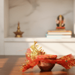 vastu Kalash Pooja Decorative Copper-Style Kalash - (1 set) - Closeup Embroidery by Nari Haat, Indian ethnic wear, wo...