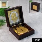 Golden Charan Paduka in Wooden Box – Spiritual Gift & Pooja Accessory - With Dupatta by Nari Haat, Indian ethnic we...