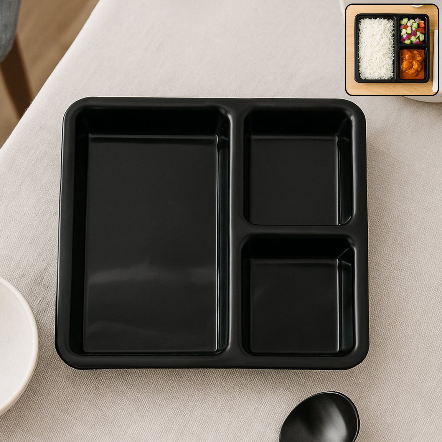 3-Compartment-Serving-Tray-01.jpg Plastic 3-Compartment Meal Serving Tray – Rectangular Dining Plate (1 Pc / Black) - Front View by Nari Haat, Indian...