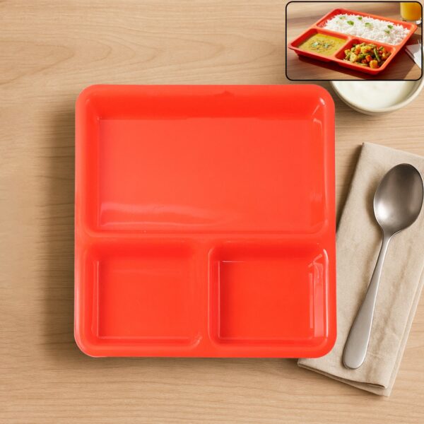 Plastic 3-Compartment Rectangular Meal Serving Tray / Plates (1 Pc) - Front View by Nari Haat, Indian ethnic wear, wo...