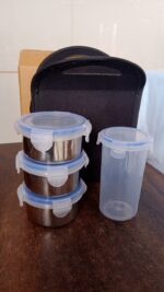 Compact Stainless Steel Airtight Lunch Box Set - 4 pcs (3 Leakproof 1 Bottle) - Fabric Detail by Nari Haat, Indian et...