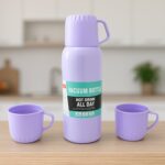 Vacuum Flask Set – Stainless Steel Thermos with 3 Cups, Approx 500ml - Front View by Nari Haat, Indian ethnic wear,...