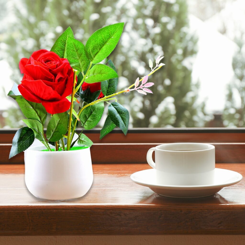Artificial rose flower plant with pot
