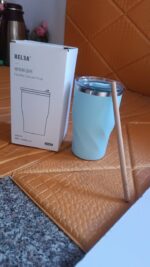Stainless Steel Insulated Coffee Mug With Wooden Straw, Tumbler (350ml Approx) - Fabric Detail by Nari Haat, Indian e...
