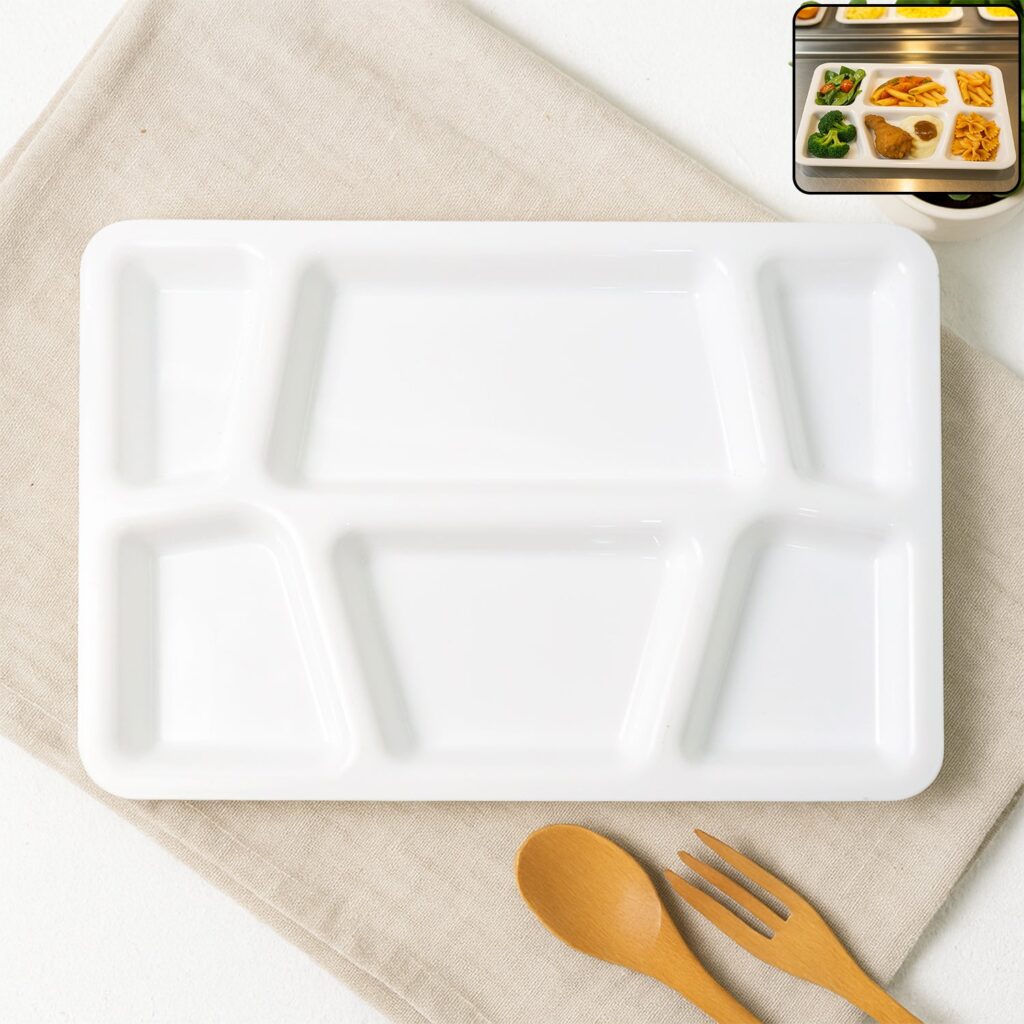 Plastic Multi-Compartment Rectangular Meal Serving Tray / Plate (1 Pc / White) - Front View by Nari Haat, Indian ethn...