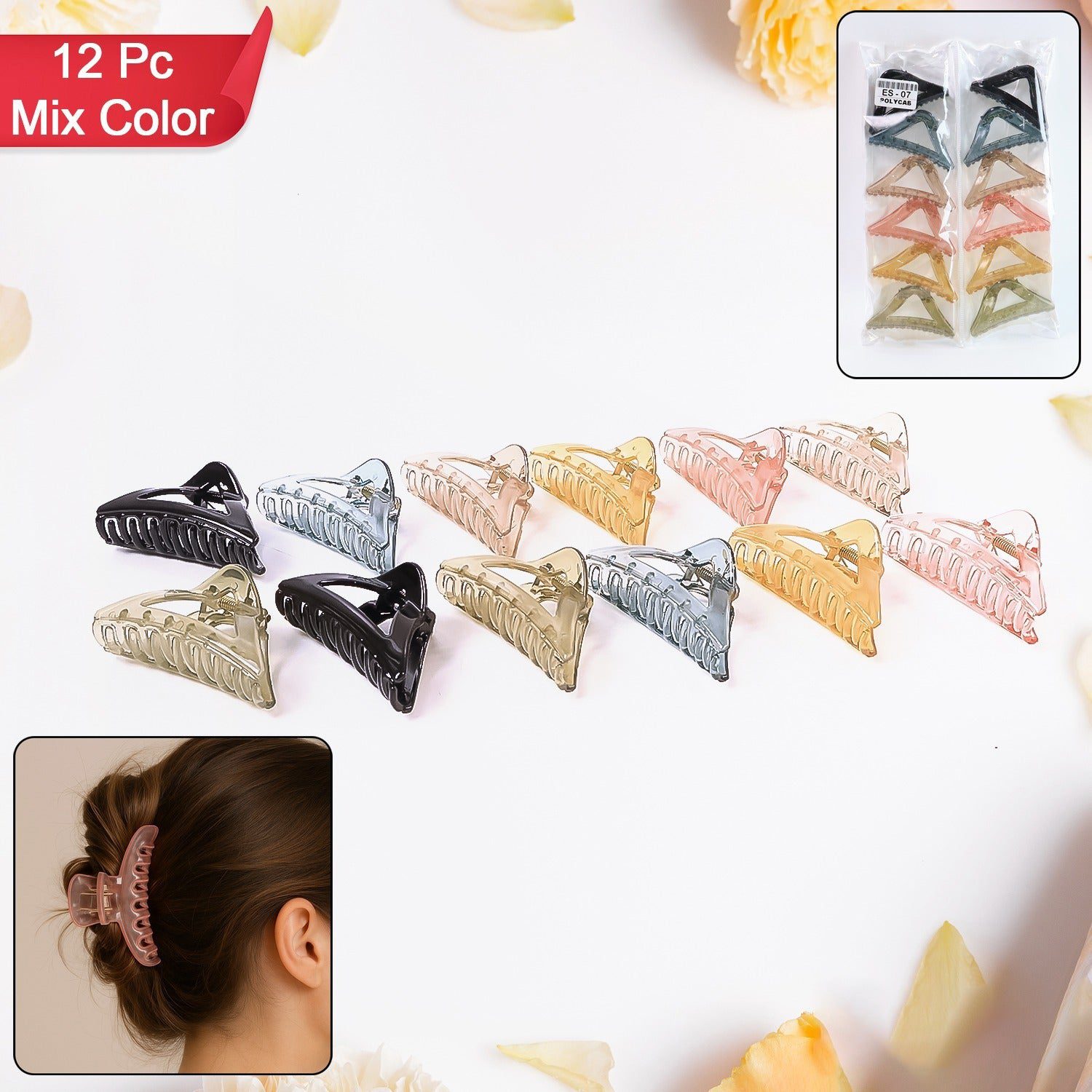 740b6915-c658-4844-93ab-c97fb9d642b4.jpg Triangle Shape Mix Color Plastic Hair Claw Clip – 12 Pc Durable Grip Women and Girls - Front View by Nari Haat, Ind...