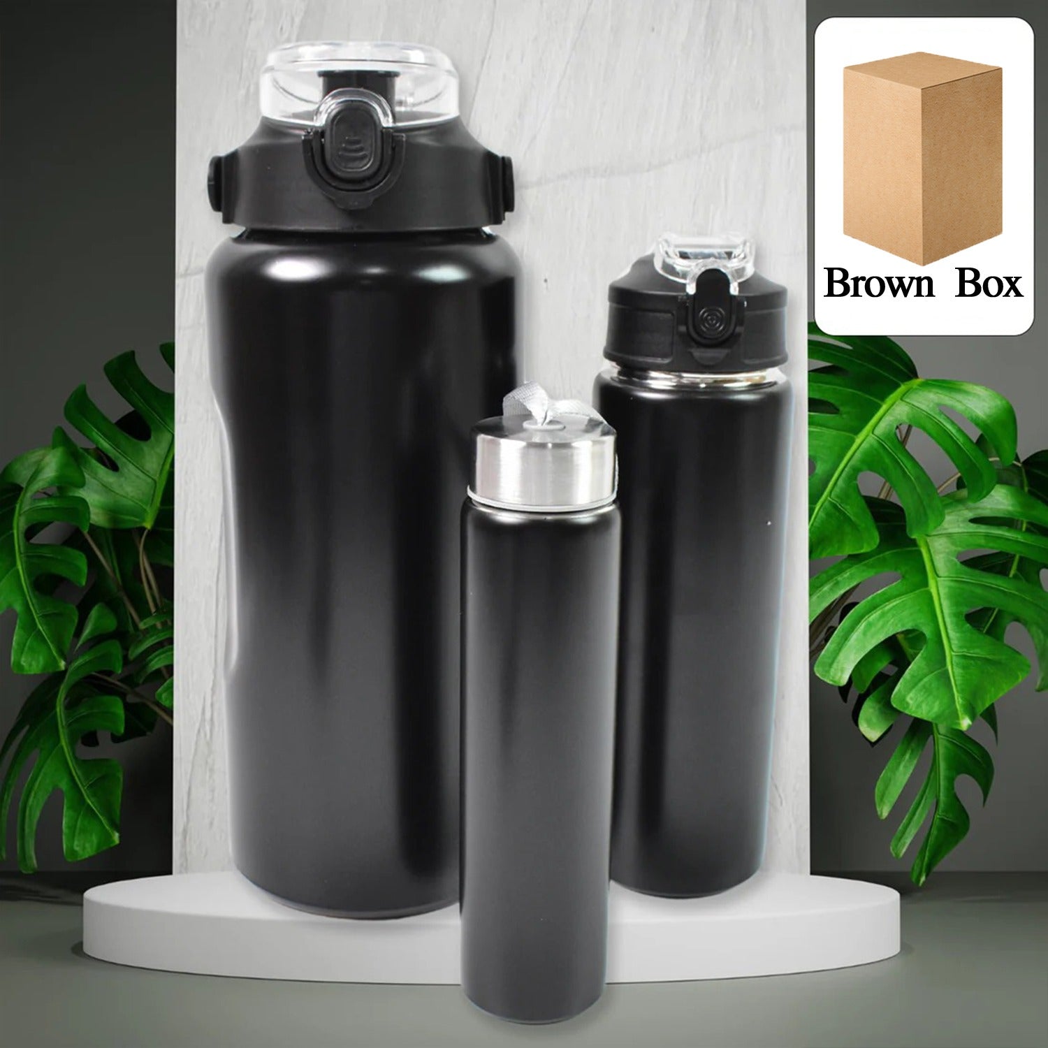 936c3907-1b9d-4ab8-b3b9-d49c813dfb84.jpg 3 in 1 Stainless Steel Insulated Water Bottle – Double Wall Vacuum (3 Pcs Set) - Front View by Nari Haat, Indian et...