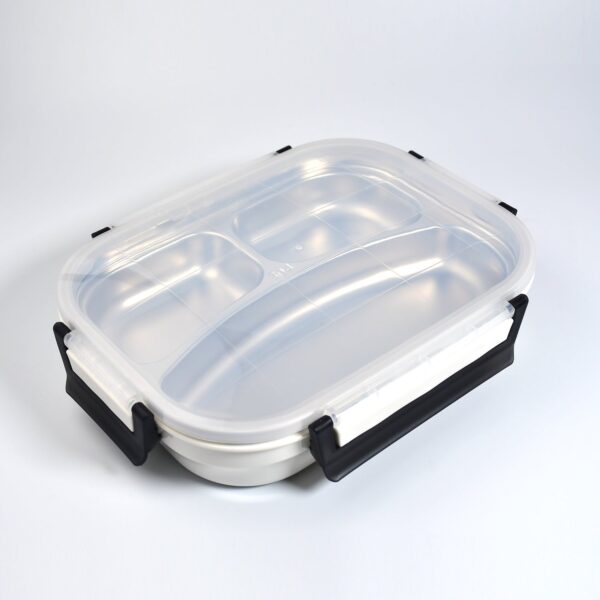 White Transparent Lunch Box – Stainless Steel with 3 Compartments for Kids & Adults - Front View by Nari Haat, Indi...