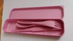 4 in 1 Travel Utensils Plastic Spoons and Forks Sets for Lunch Box (3 Pc With Case) - Fabric Detail by Nari Haat, Ind...