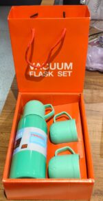 Green Vacuum Flask Set – Stainless Steel Thermos with 3 Cups, Approx 500ml - Fabric Detail by Nari Haat, Indian eth...