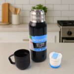 Black Vacuum Flask Set – Stainless Steel Thermos with 3 Cups, Approx 500ml - Closeup Embroidery by Nari Haat, India...