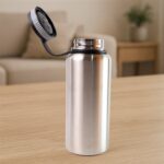 Silver Stainless Steel Double Wall Vacuum-Insulated Drink Water Bottle (1000 ML) - Back View by Nari Haat, Indian eth...