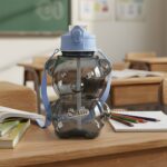 Kids Cartoon Bear Water Bottle with Straw & Shoulder Strap (1 Pc) - Closeup Embroidery by Nari Haat, Indian ethnic we...