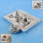 Silver-Finish Pooja Kumkum Box Tray - (1 Pc) - Front View by Nari Haat, Indian ethnic wear, women clothing, designer ...