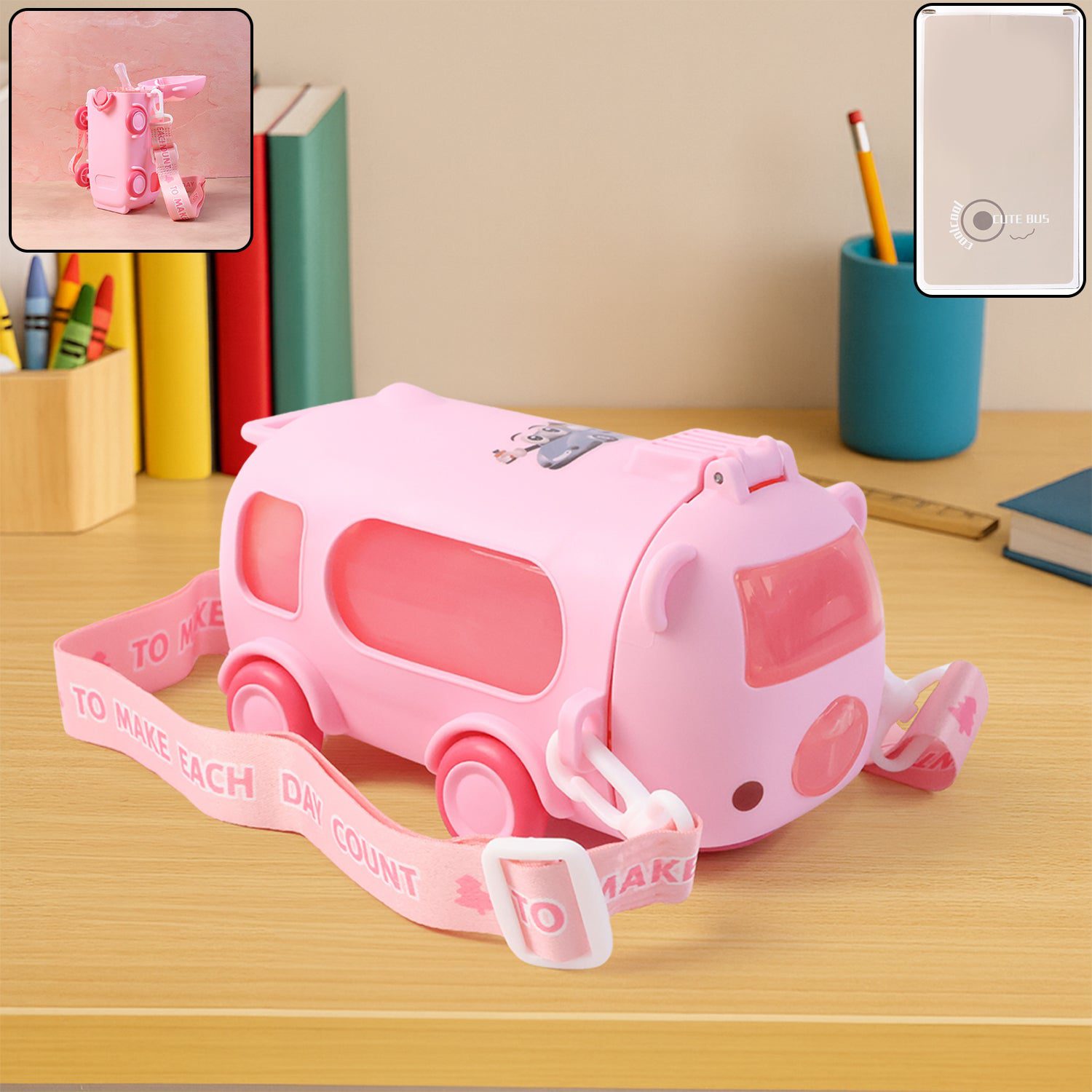 Bus-water-bottle-01.jpg Bus Shaped Kids Water Bottle with Strap – 500ml Cute Cartoon Design With Sticker - Front View by Nari Haat, Indian ...