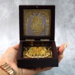 Golden Charan Paduka in Wooden Box – Spiritual Gift & Pooja Accessory - Closeup Embroidery by Nari Haat, Indian eth...