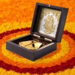 Golden Charan Paduka in Wooden Box – Spiritual Gift & Pooja Accessory - Neckline Detail by Nari Haat, Indian ethnic...