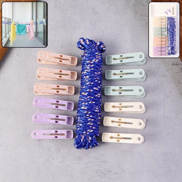 Clothesline Rope 12 Clips – 5 Meter Approx Heavy Duty Laundry Drying Rope with Clip - Front View by Nari Haat, Indi...