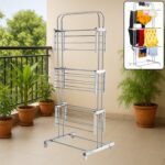 3 Layer Foldable Stainless Steel Cloth Drying Stand with Wheels - Front View by Nari Haat, Indian ethnic wear, women ...
