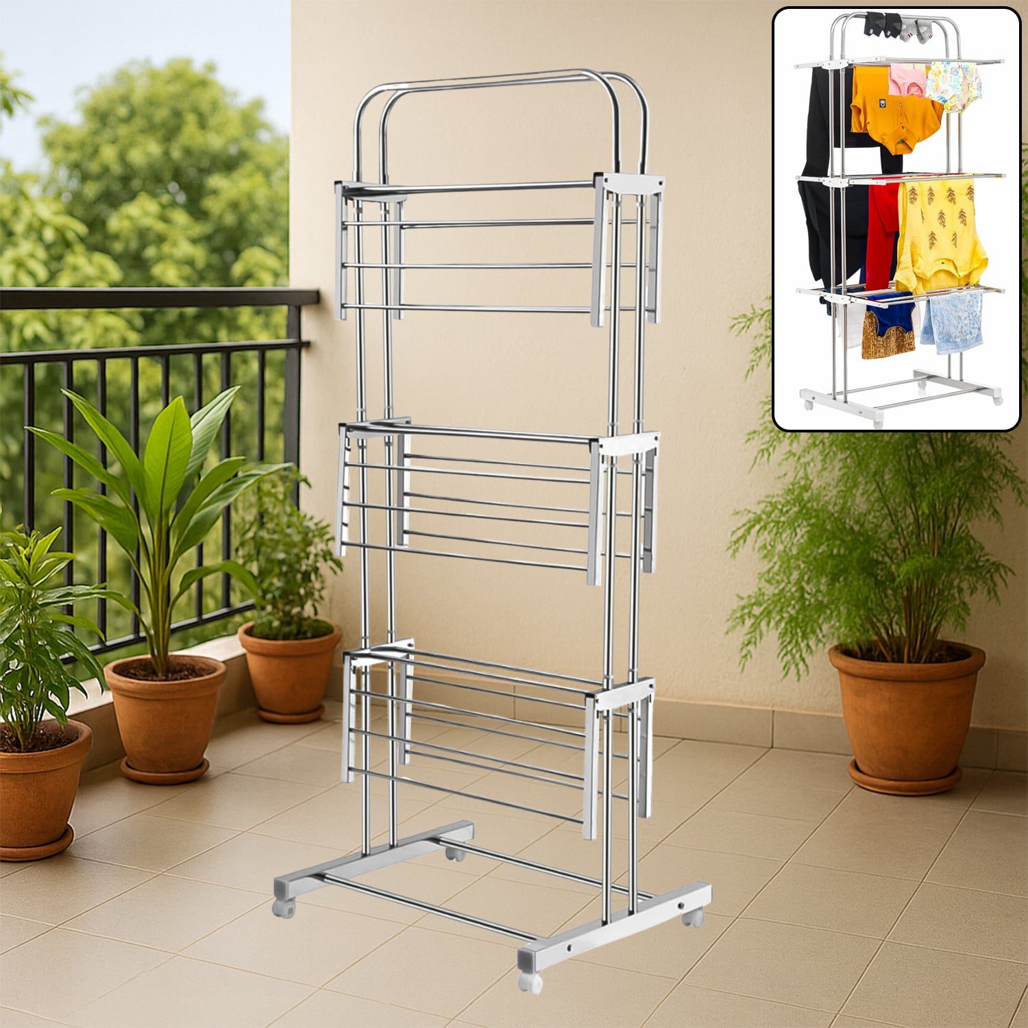 Clothes-Drying-Stand-01.jpg 3 Layer Foldable Stainless Steel Cloth Drying Stand with Wheels - Front View by Nari Haat, Indian ethnic wear, women ...