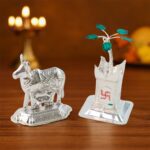 Silver-Plated Kamdhenu Cow & Tulsi Plant Pair – Pooja & Home Décor - Front View by Nari Haat, Indian ethnic wear, ...