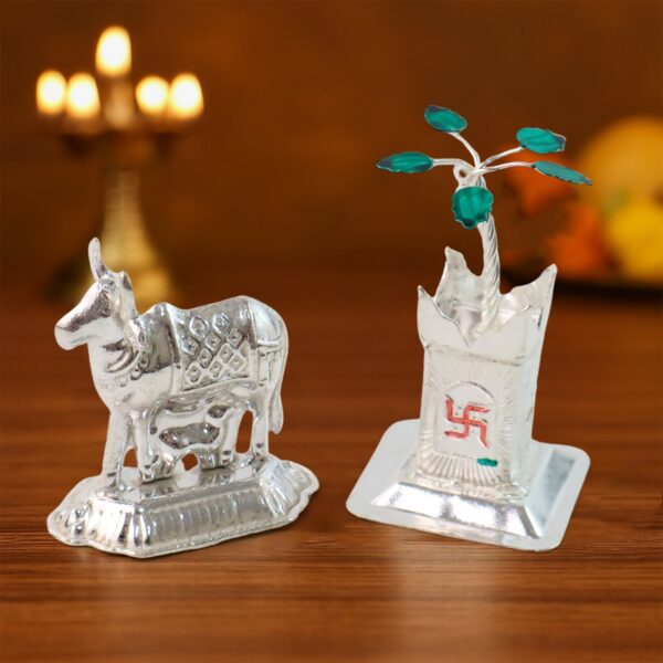 Silver-Plated Kamdhenu Cow & Tulsi Plant Pair – Pooja & Home Décor - Front View by Nari Haat, Indian ethnic wear, ...