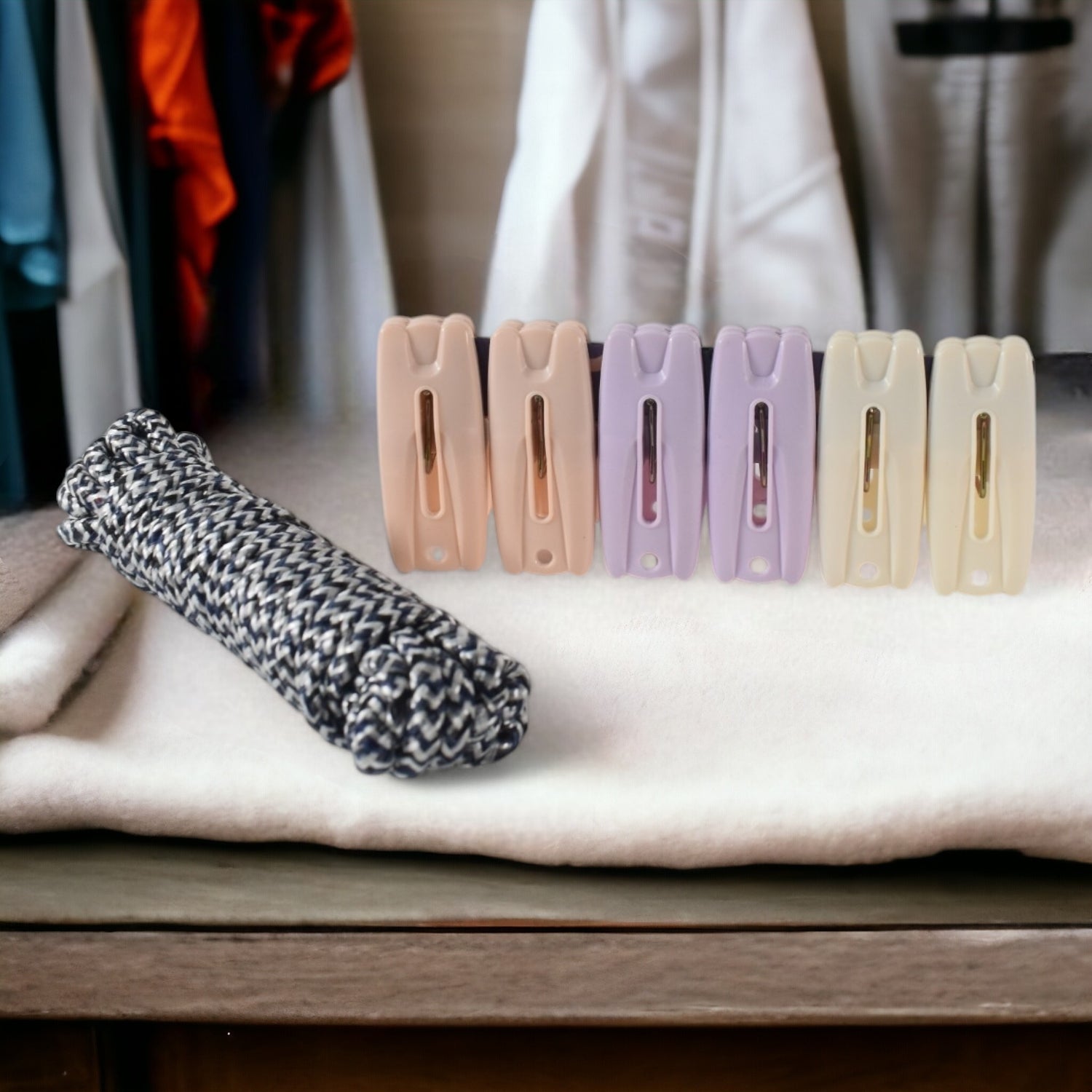 DSC_0385.jpg Cloth Drying Rope with Clips – Convenient and Durable Hanging Solution (7 Pc Set) - Front View by Nari Haat, Indian...