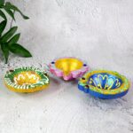 Decorative Hand-Painted Clay Diya Set (6 Pc) - Closeup Embroidery by Nari Haat, Indian ethnic wear, women clothing, d...