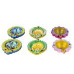 Decorative Hand-Painted Clay Diya Set (6 Pc) - Sleeve Design by Nari Haat, Indian ethnic wear, women clothing, design...