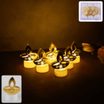 Golden Diya Shaped LED Tealight Candles (6 Pc) - Front View by Nari Haat, Indian ethnic wear, women clothing, designe...